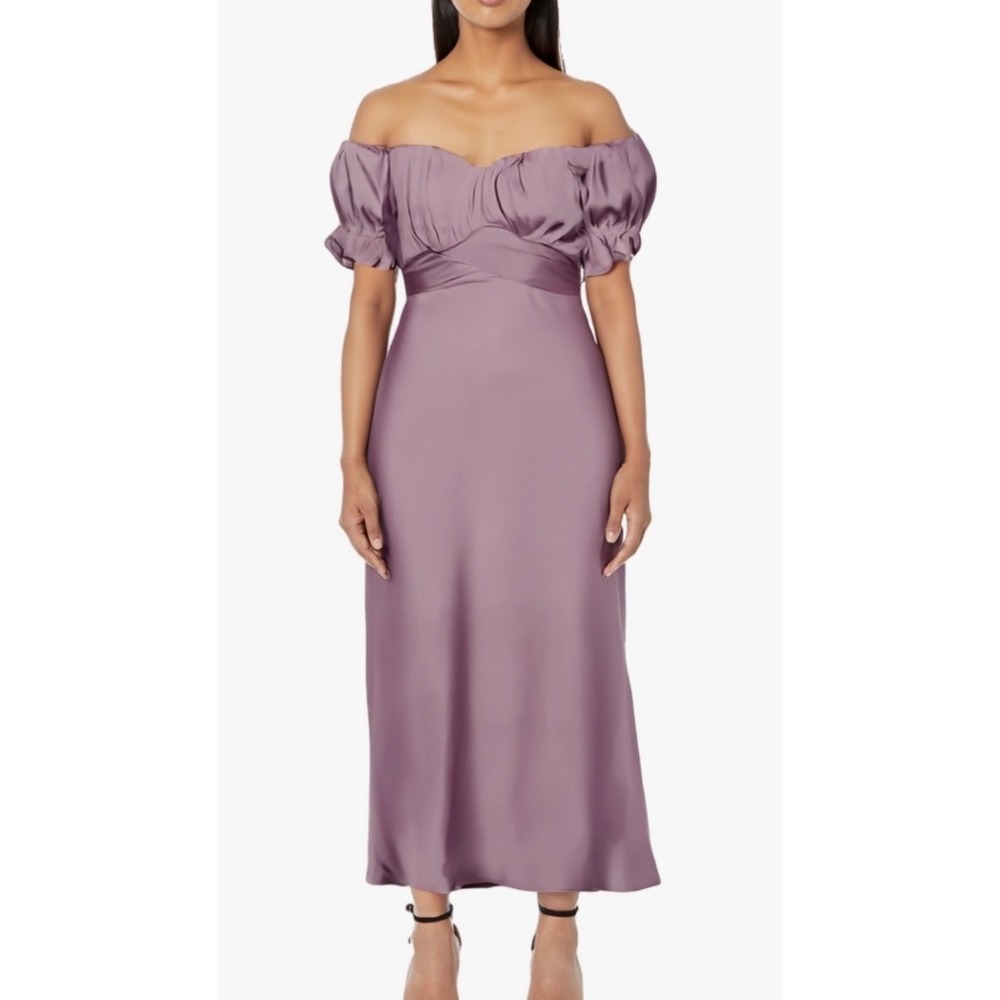 Kirundo Mauve Satin Off The Shoulder Puff Sleeve Midi Dress Size M